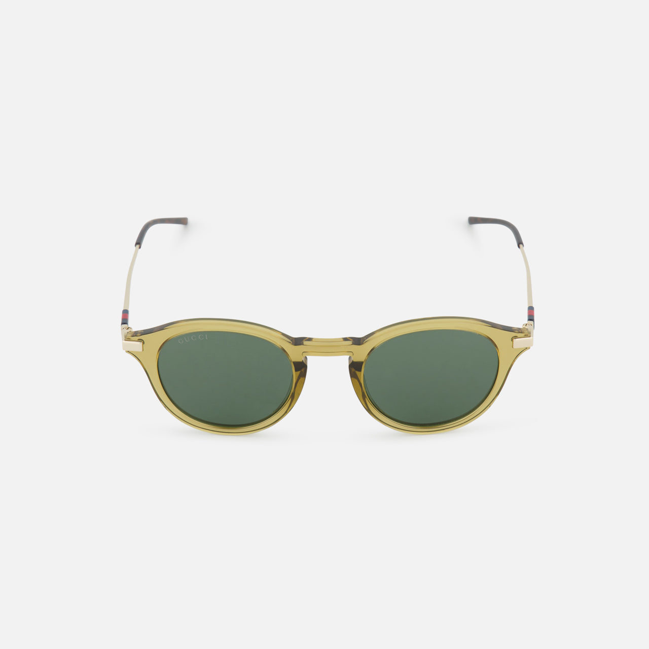 A pair of Gucci Round Brown Sunglasses by GUCCI, featuring brown lenses and a stylish frame, displayed on a plain white background.
