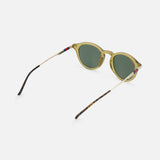 Gucci Round Brown Sunglasses by GUCCI feature green round frames, thin gold arms with dark ends, and red-blue accents near the hinges. The design includes dark green lenses and showcases classic Gucci style against a white background.