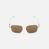 Gucci Square Gold Sunglasses by GUCCI feature a square metal frame and brown tinted lenses, displayed on a white background with arms partially open for a minimalist look.