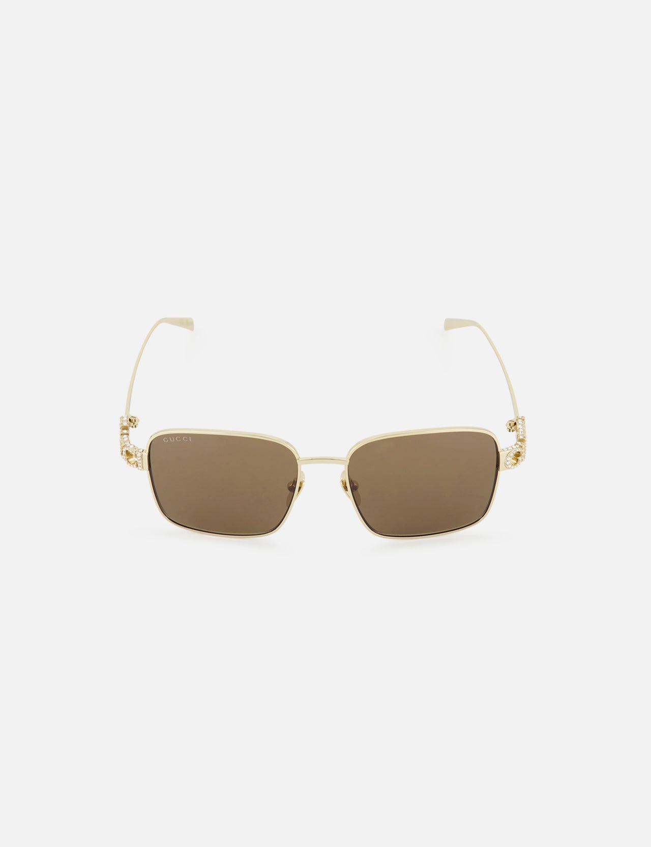 Gucci Square Gold Sunglasses by GUCCI feature a square metal frame and brown tinted lenses, displayed on a white background with arms partially open for a minimalist look.