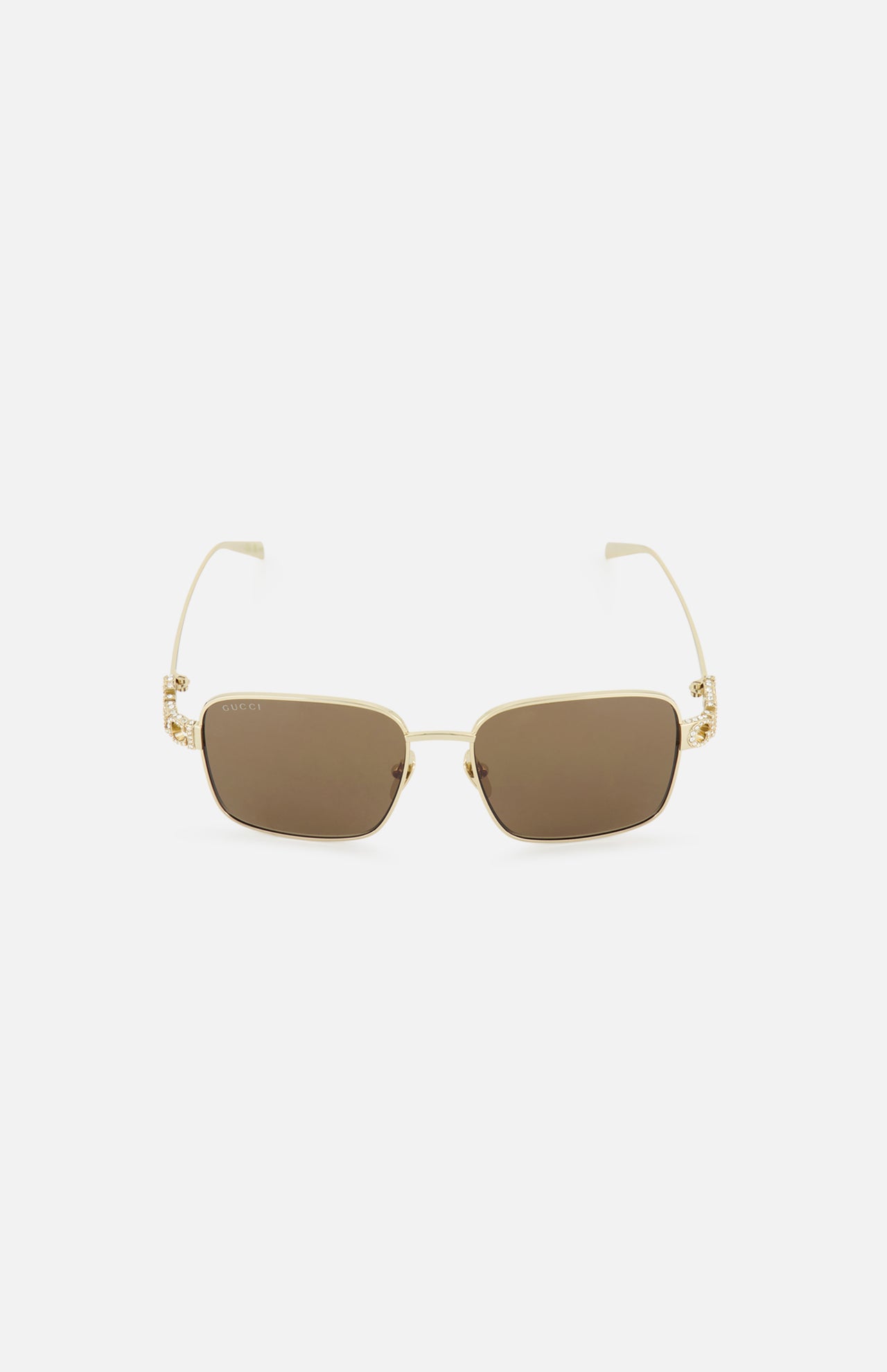 Gucci Square Gold Sunglasses by GUCCI feature a square metal frame and brown tinted lenses, displayed on a white background with arms partially open for a minimalist look.