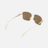 Gucci Square Gold Sunglasses by GUCCI feature a gold metal square frame, rectangular brown lenses, thin gold arms, and decorative hinge accents, shown against a white background for a minimalist look.