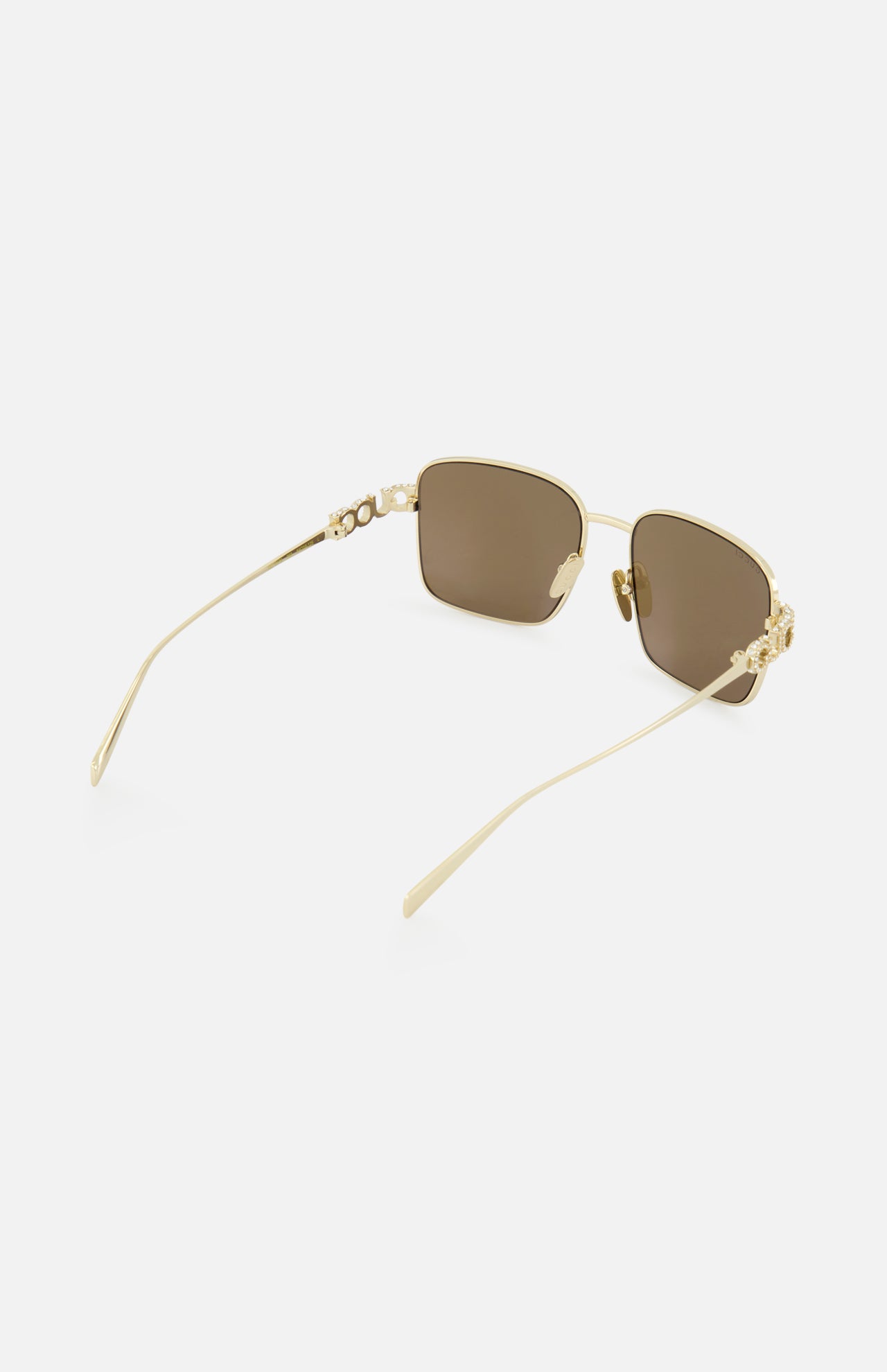 Gucci Square Gold Sunglasses by GUCCI feature a gold metal square frame, rectangular brown lenses, thin gold arms, and decorative hinge accents, shown against a white background for a minimalist look.