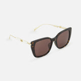 Gucci Brown Tortoiseshell Sunglasses featuring a butterfly frame and pearl-accented gold temples.