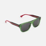 The GUCCI Square Green and Red Sunglasses feature green rectangle frames, dark lenses, bold red and black arms, and the Gucci logo in gold on the left arm, displayed on a plain white background.