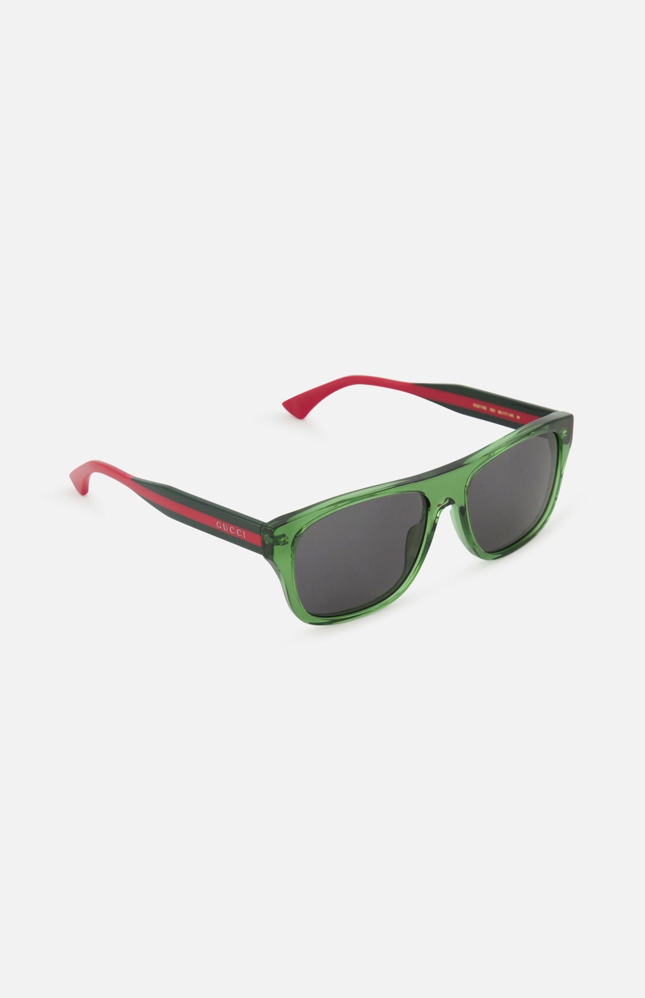 The GUCCI Square Green and Red Sunglasses feature green rectangle frames, dark lenses, bold red and black arms, and the Gucci logo in gold on the left arm, displayed on a plain white background.