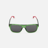 The GUCCI Square Green and Red Sunglasses feature bold green rectangle frames, dark lenses, and eye-catching red temples, all showcased against a plain white background.