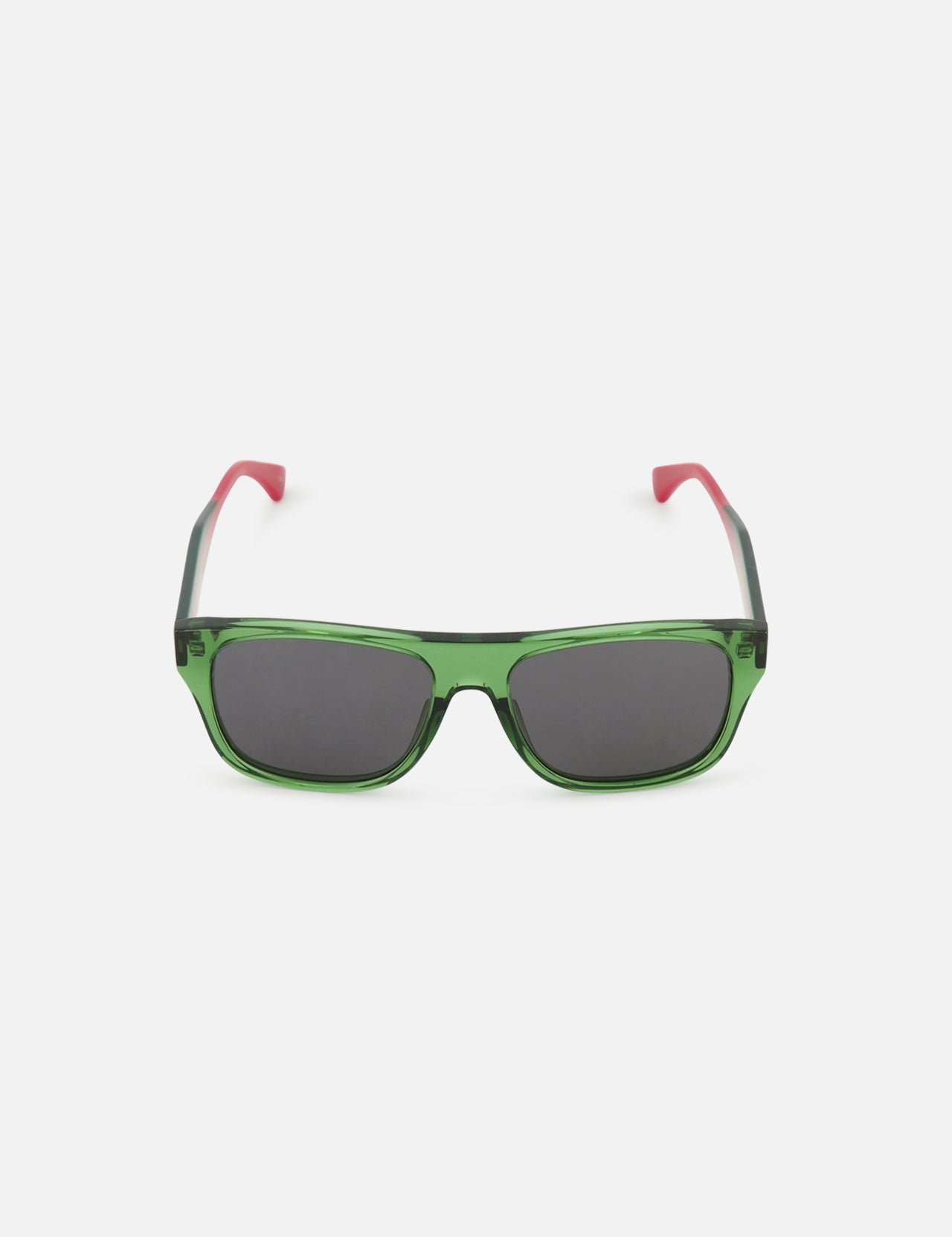 The GUCCI Square Green and Red Sunglasses feature bold green rectangle frames, dark lenses, and eye-catching red temples, all showcased against a plain white background.