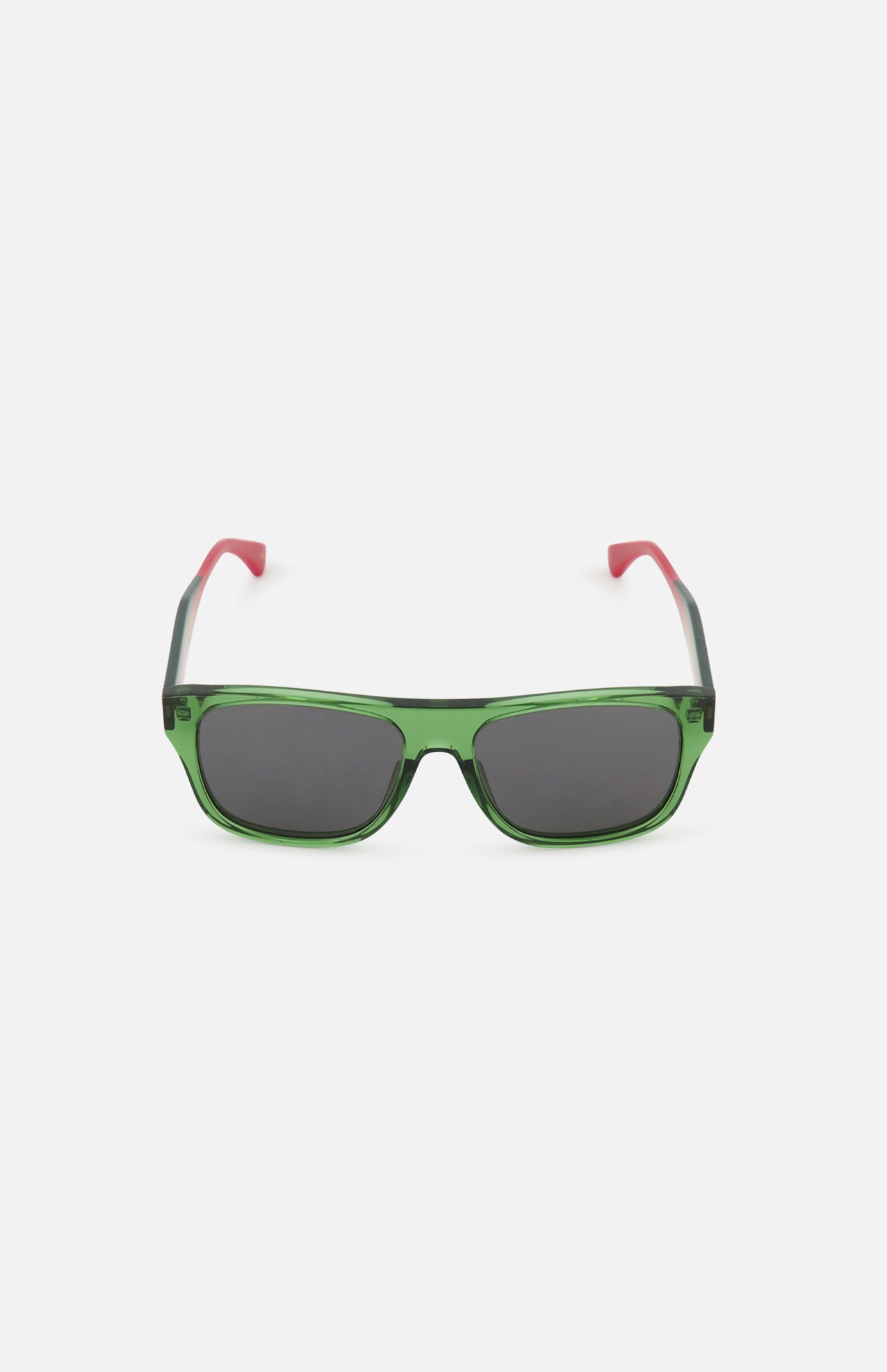 The GUCCI Square Green and Red Sunglasses feature bold green rectangle frames, dark lenses, and eye-catching red temples, all showcased against a plain white background.