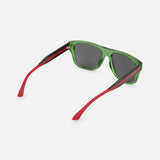 The Gucci Square Green and Red Sunglasses by GUCCI feature green square frames, black fronts, dark lenses, and red temple arms, photographed on a white background.