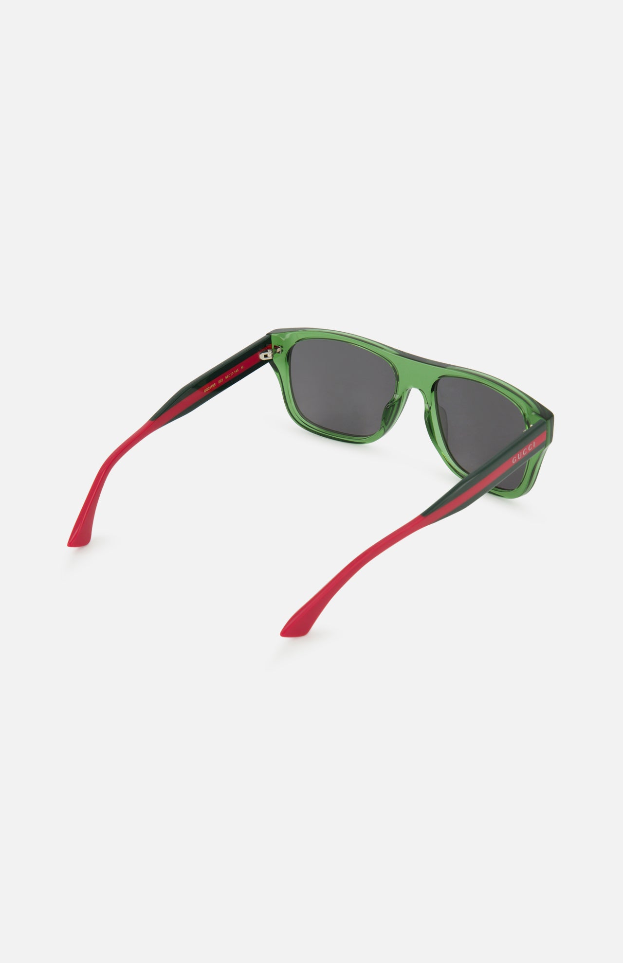 The Gucci Square Green and Red Sunglasses by GUCCI feature green square frames, black fronts, dark lenses, and red temple arms, photographed on a white background.