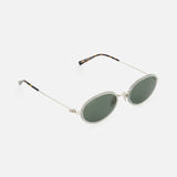 Gucci Oval Metal Sunglasses by GUCCI feature thin silver metal frames, dark green lenses, and tortoiseshell temple tips, shown on a white background.