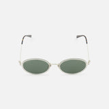 Gucci Oval Metal Sunglasses by GUCCI feature oval green-tinted lenses, slim grey metal frames, and black-tipped arms, displayed on a plain white background.