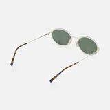 Gucci Oval Metal Sunglasses by GUCCI with thin silver frames, green lenses, and slender arms featuring tortoiseshell-patterned tips, shown on a white background.