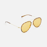 Gucci Aviator Brown Sunglasses by GUCCI feature gold-rimmed aviator frames, round orange-tinted lenses, and thin arms with tortoiseshell tips, shown on a white background.