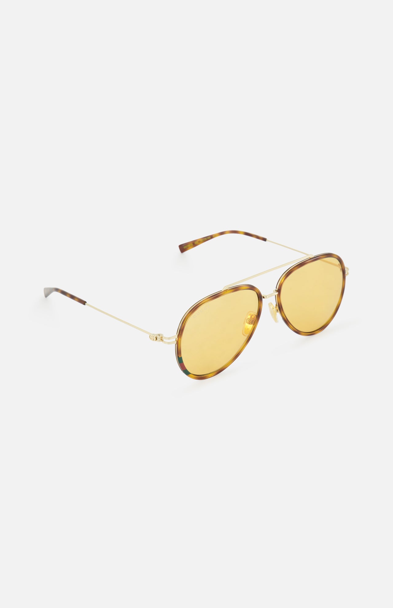 Gucci Aviator Brown Sunglasses by GUCCI feature gold-rimmed aviator frames, round orange-tinted lenses, and thin arms with tortoiseshell tips, shown on a white background.