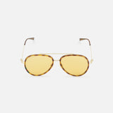 Gucci Aviator Brown Sunglasses by GUCCI featuring brown frames, gold metal accents, and orange tinted lenses, shown against a plain white background.