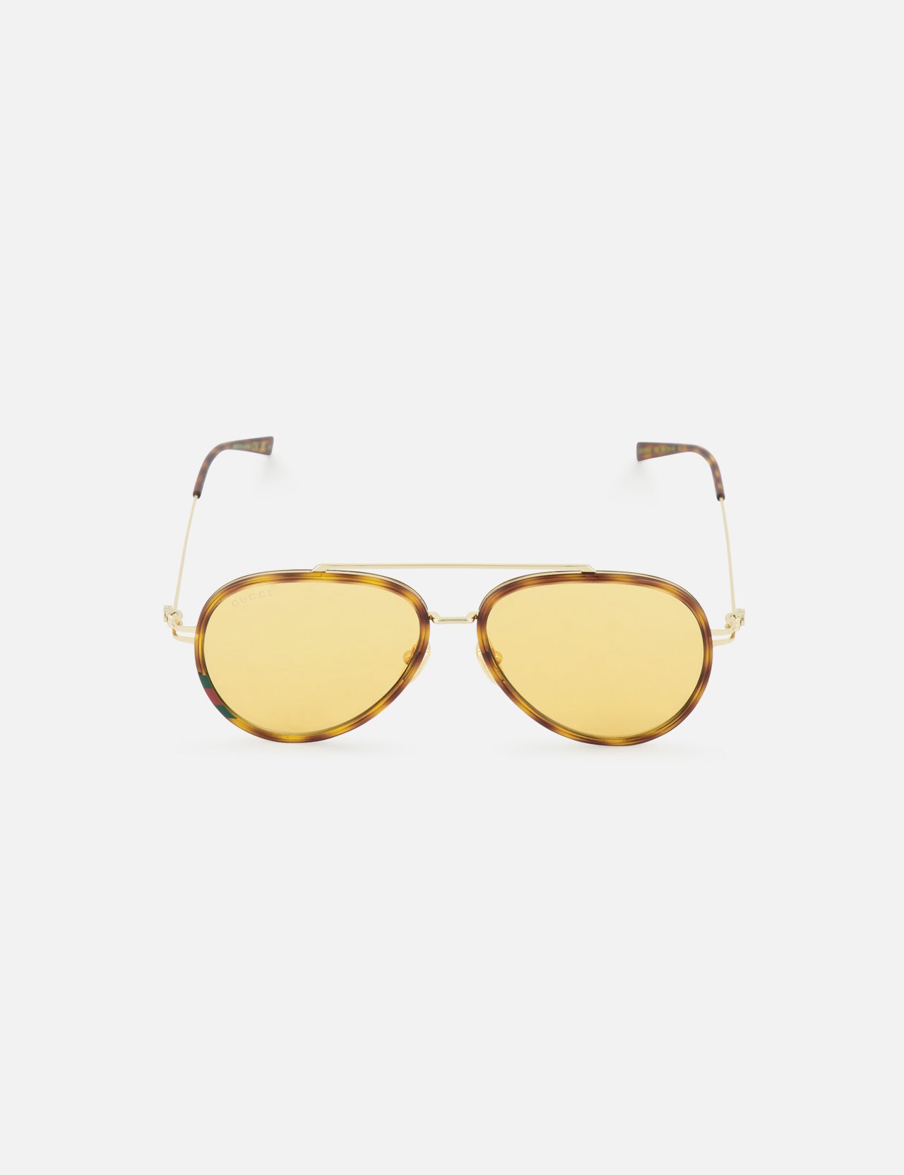 Gucci Aviator Brown Sunglasses by GUCCI featuring brown frames, gold metal accents, and orange tinted lenses, shown against a plain white background.