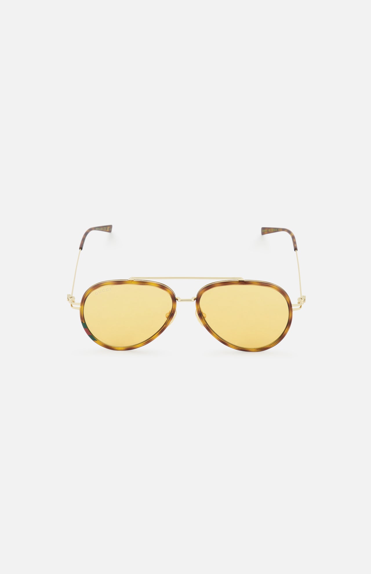 Gucci Aviator Brown Sunglasses by GUCCI featuring brown frames, gold metal accents, and orange tinted lenses, shown against a plain white background.