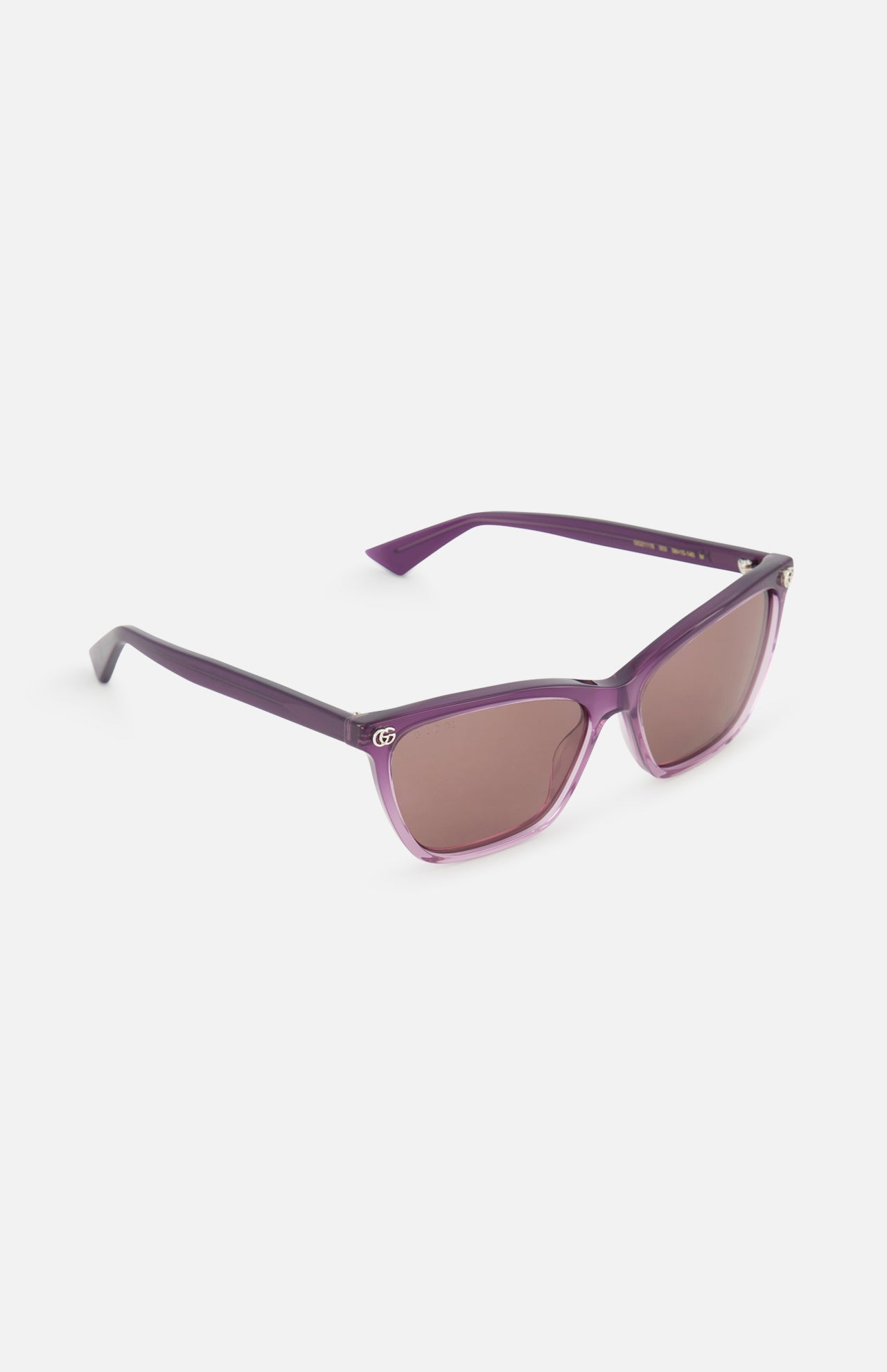 Gucci Cat Eye Violet Sunglasses by GUCCI with tinted lenses, a glossy finish, and a subtle logo detail near the temple hinge, shown against a white background.