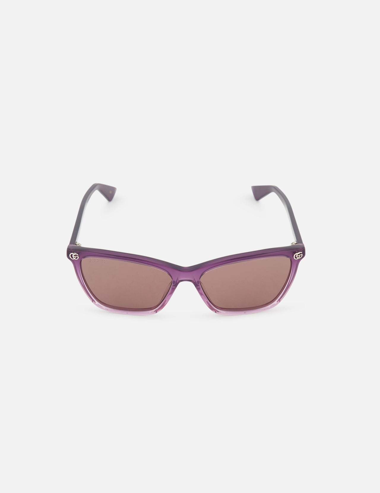 Gucci Cat Eye Violet Sunglasses by GUCCI feature tinted lenses and thin black arms, shown on a plain white background—perfect stylish designer sunglasses for a bold look.