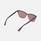 Gucci Cat Eye Violet Sunglasses by GUCCI with purple cat eye frames and tinted lenses are shown on a white background, angled to display the side and back with both arms open.