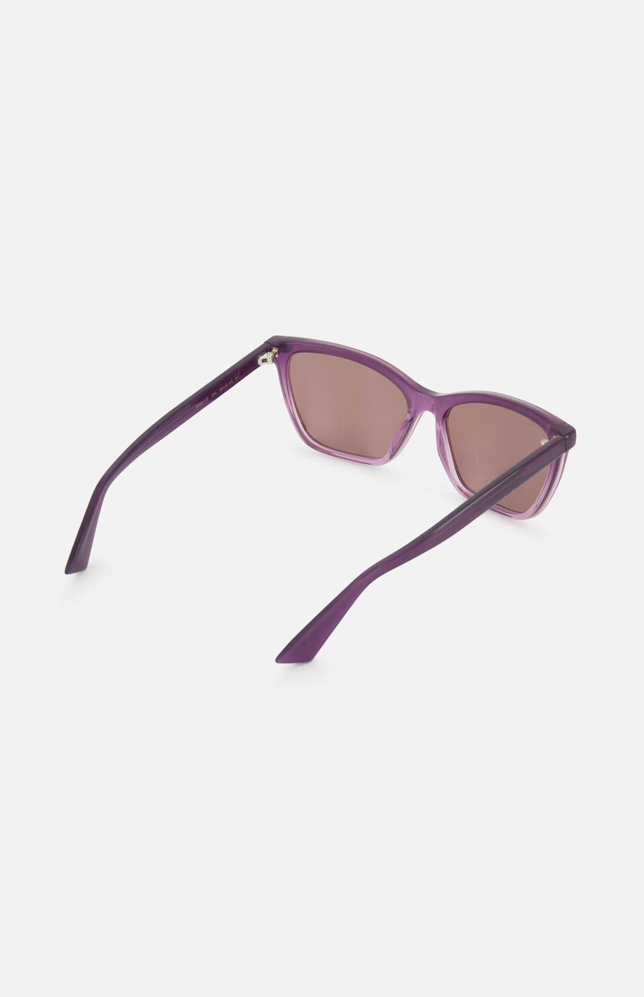 Gucci Cat Eye Violet Sunglasses by GUCCI with purple cat eye frames and tinted lenses are shown on a white background, angled to display the side and back with both arms open.