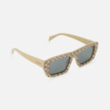 GUCCI Gucci Rectangle Beige Sunglasses feature a masculine flat top, rectangular frames, signature logo pattern on front and sides, and dark tinted lenses.