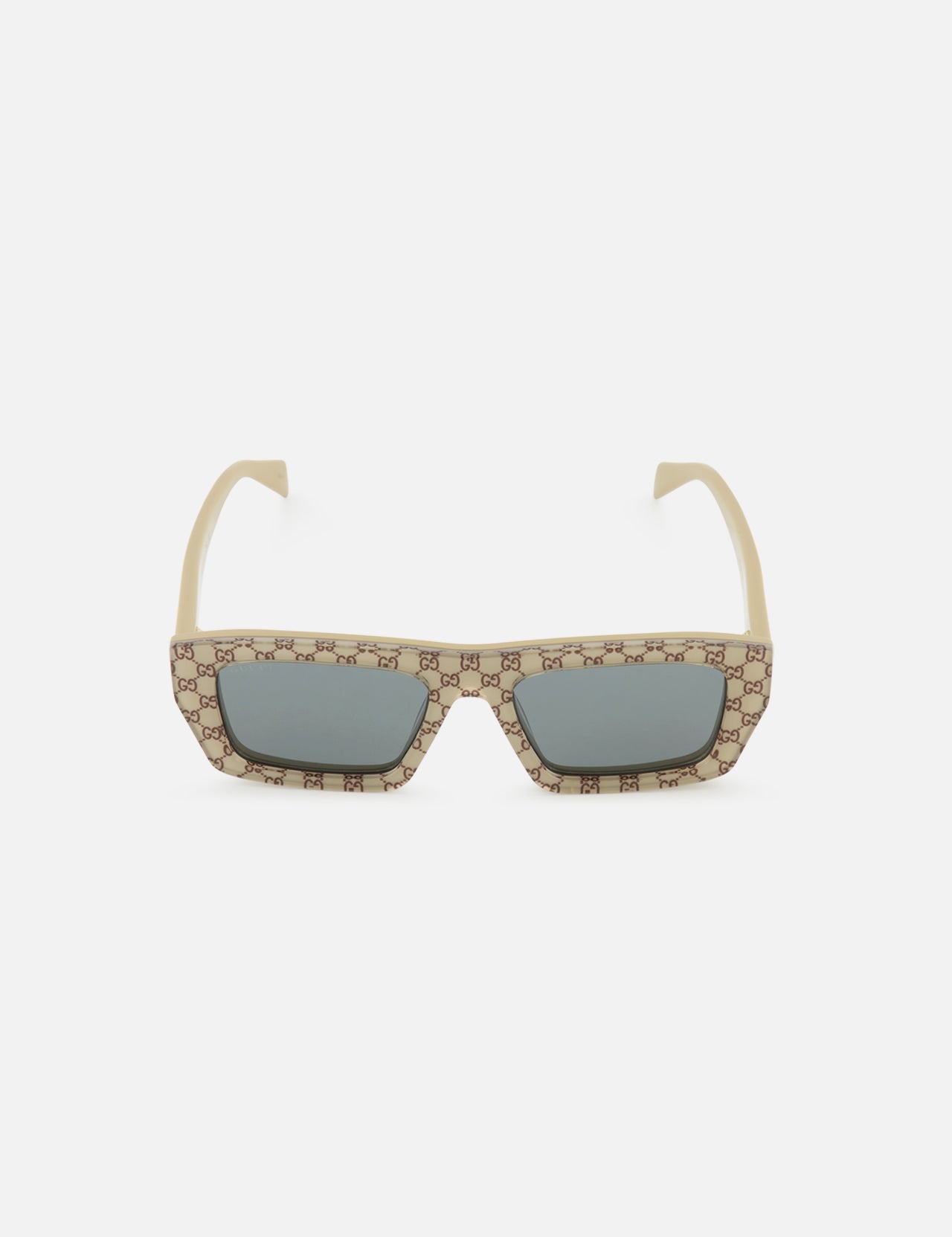 Gucci Rectangle Beige Sunglasses by GUCCI feature a masculine flat top, dark lenses, and a brown Gucci logo pattern on the frame, shown against a plain white background.