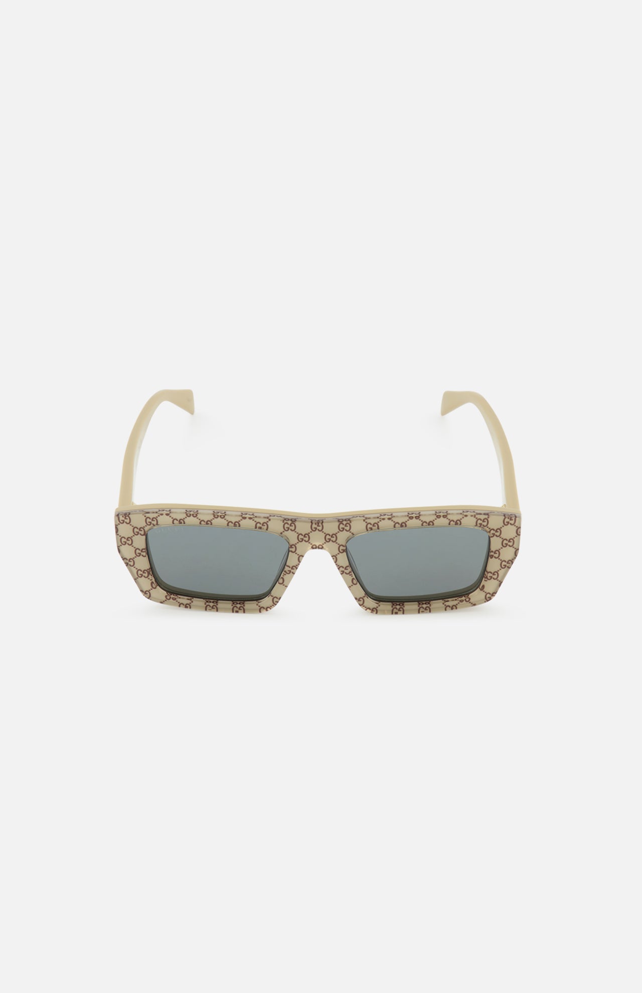 Gucci Rectangle Beige Sunglasses by GUCCI feature a masculine flat top, dark lenses, and a brown Gucci logo pattern on the frame, shown against a plain white background.