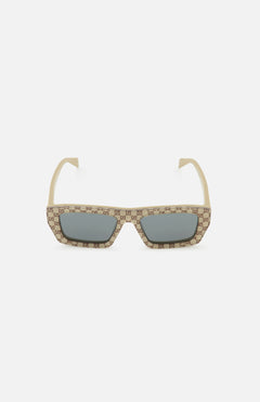 Gucci Rectangle Beige Sunglasses by GUCCI feature a masculine flat top, dark lenses, and a brown Gucci logo pattern on the frame, shown against a plain white background.