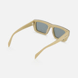 Gucci Rectangle Beige Sunglasses feature a masculine flat top and dark lenses, shown from a rear side angle on a white background. GUCCI branding appears on the temple and inside the arm.