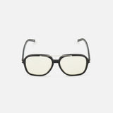 The YVES SAINT LAURENT YSL Aviator Black Sunglasses feature a retro-inspired design with black rims, slightly tinted lenses, and a subtle gold bridge, showcased against a plain white background.