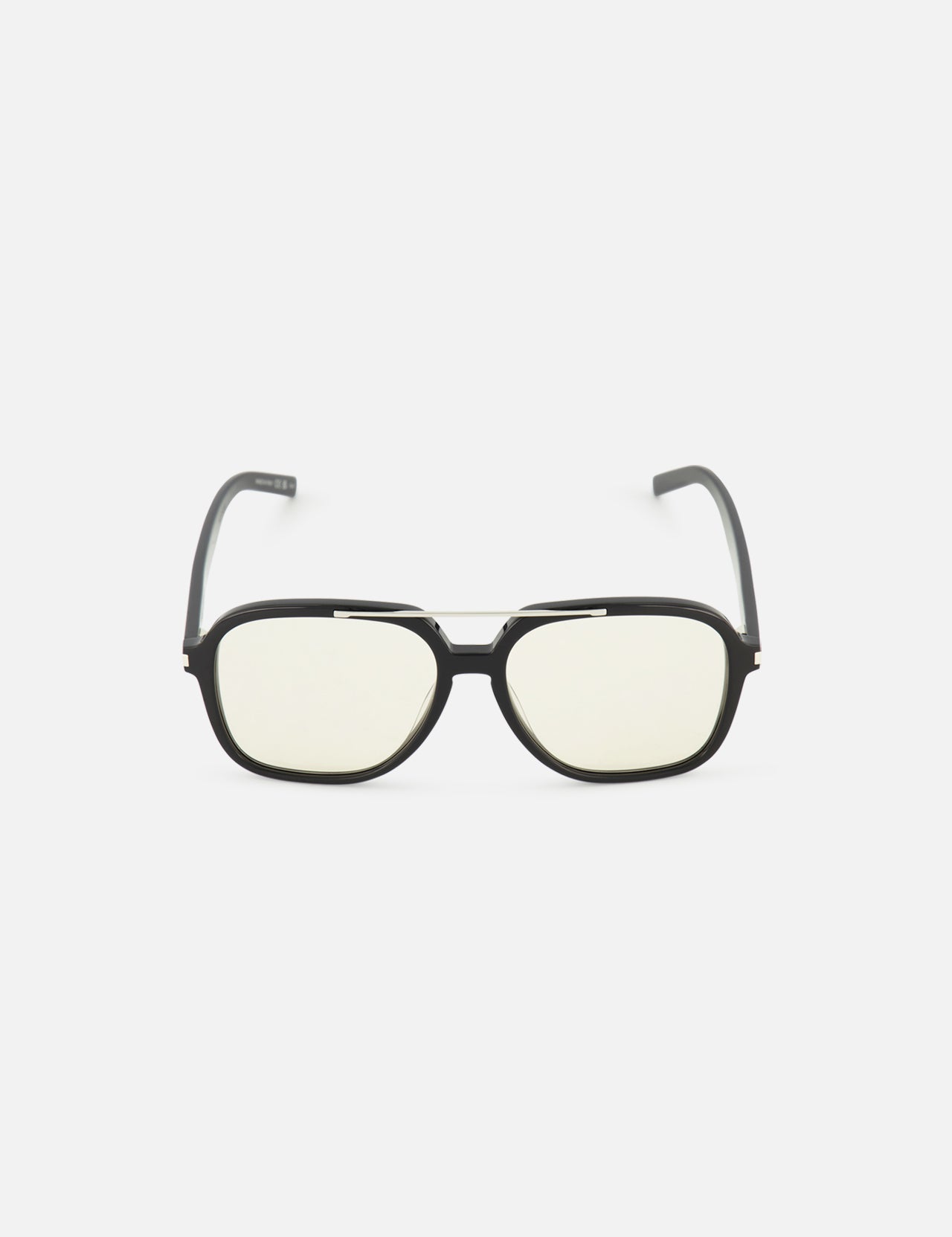 The YVES SAINT LAURENT YSL Aviator Black Sunglasses feature a retro-inspired design with black rims, slightly tinted lenses, and a subtle gold bridge, showcased against a plain white background.