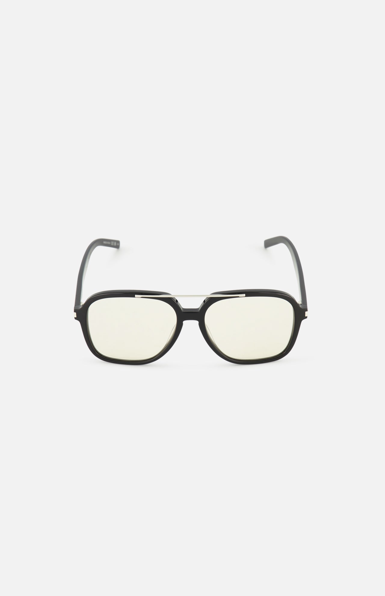 The YVES SAINT LAURENT YSL Aviator Black Sunglasses feature a retro-inspired design with black rims, slightly tinted lenses, and a subtle gold bridge, showcased against a plain white background.