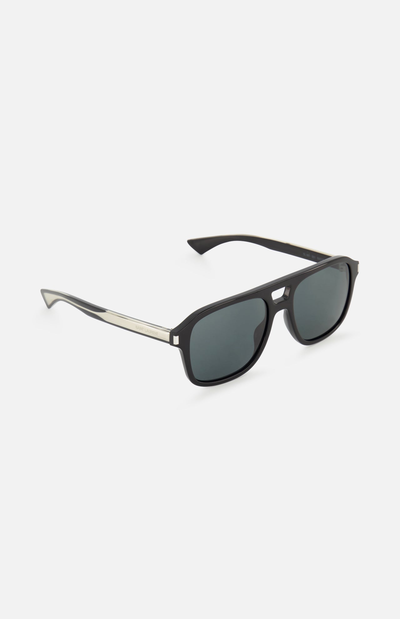 YSL Aviator Black Sunglasses by YVES SAINT LAURENT feature black acetate frames, dark lenses, and a silver accent on the arms, shown against a white background.