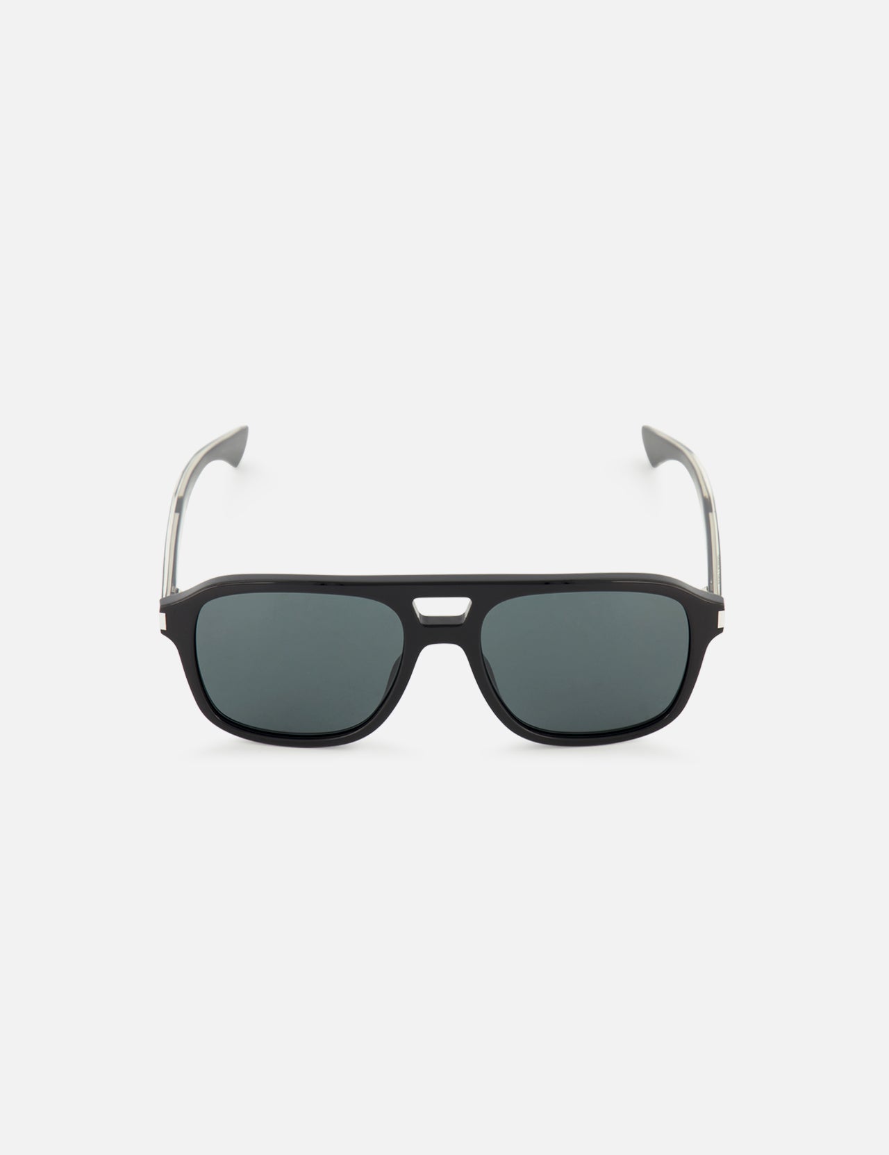 YSL Aviator Black Sunglasses by YVES SAINT LAURENT feature black rectangular acetate frames, dark lenses, and silver metal arms, shown on a plain white background.