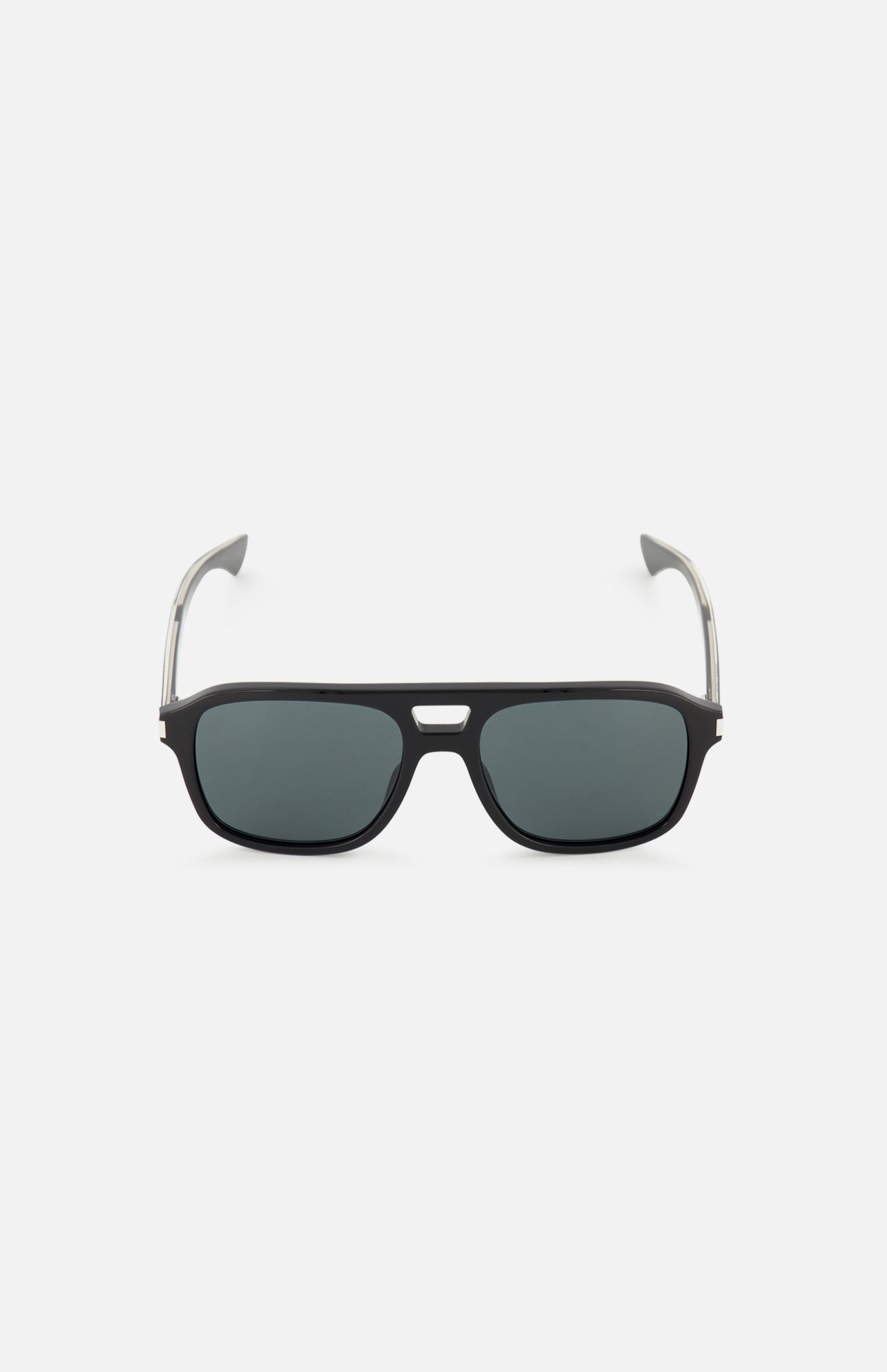 YSL Aviator Black Sunglasses by YVES SAINT LAURENT feature black rectangular acetate frames, dark lenses, and silver metal arms, shown on a plain white background.