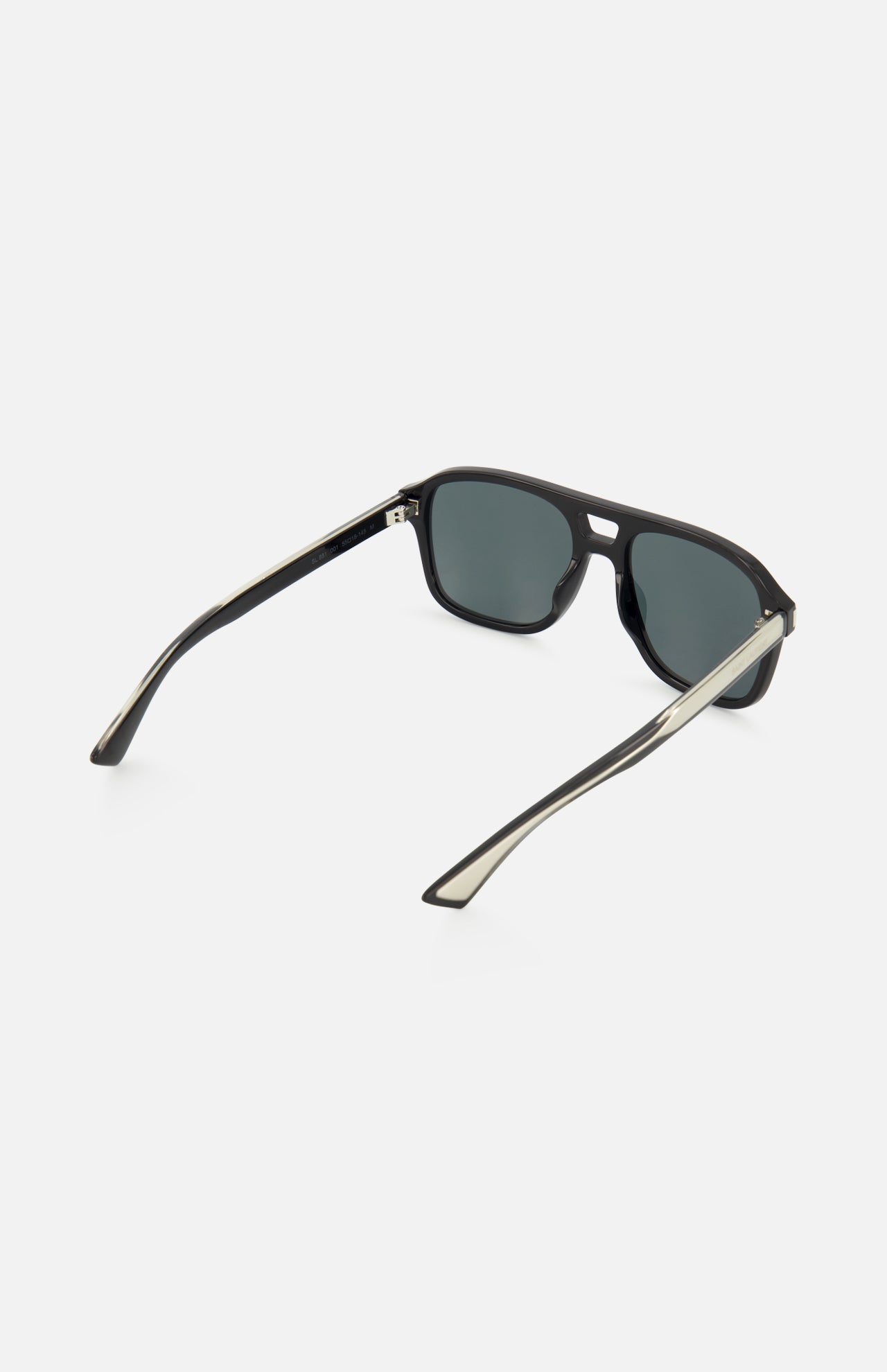 YSL Aviator Black Sunglasses by YVES SAINT LAURENT, featuring black aviator frames, dark lenses, and metallic silver arms, shown open and angled outward on a white background.