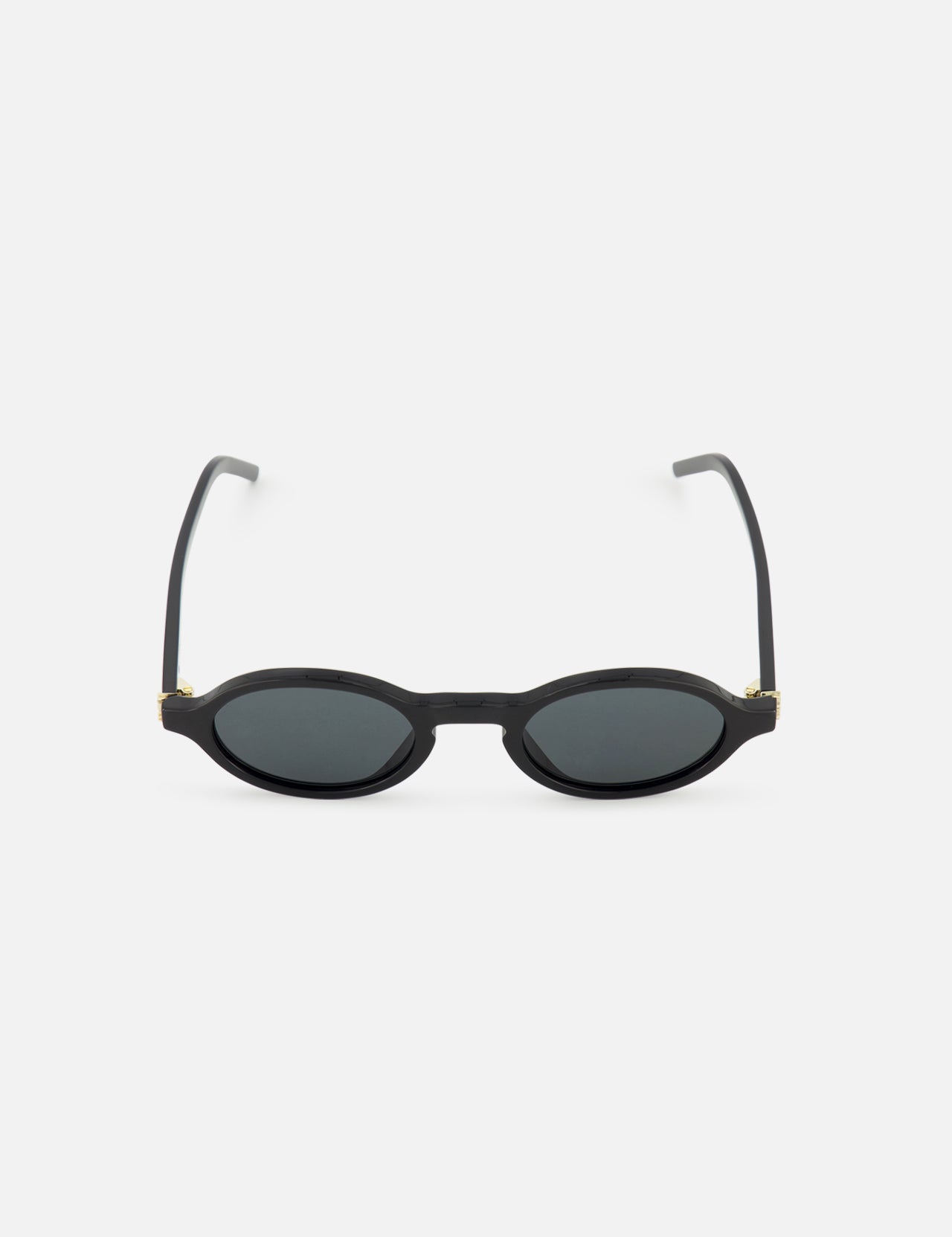 YSL Round Black Sunglasses by YVES SAINT LAURENT shown on a plain white background, featuring dark lenses, thin arms, and a minimalist round design.