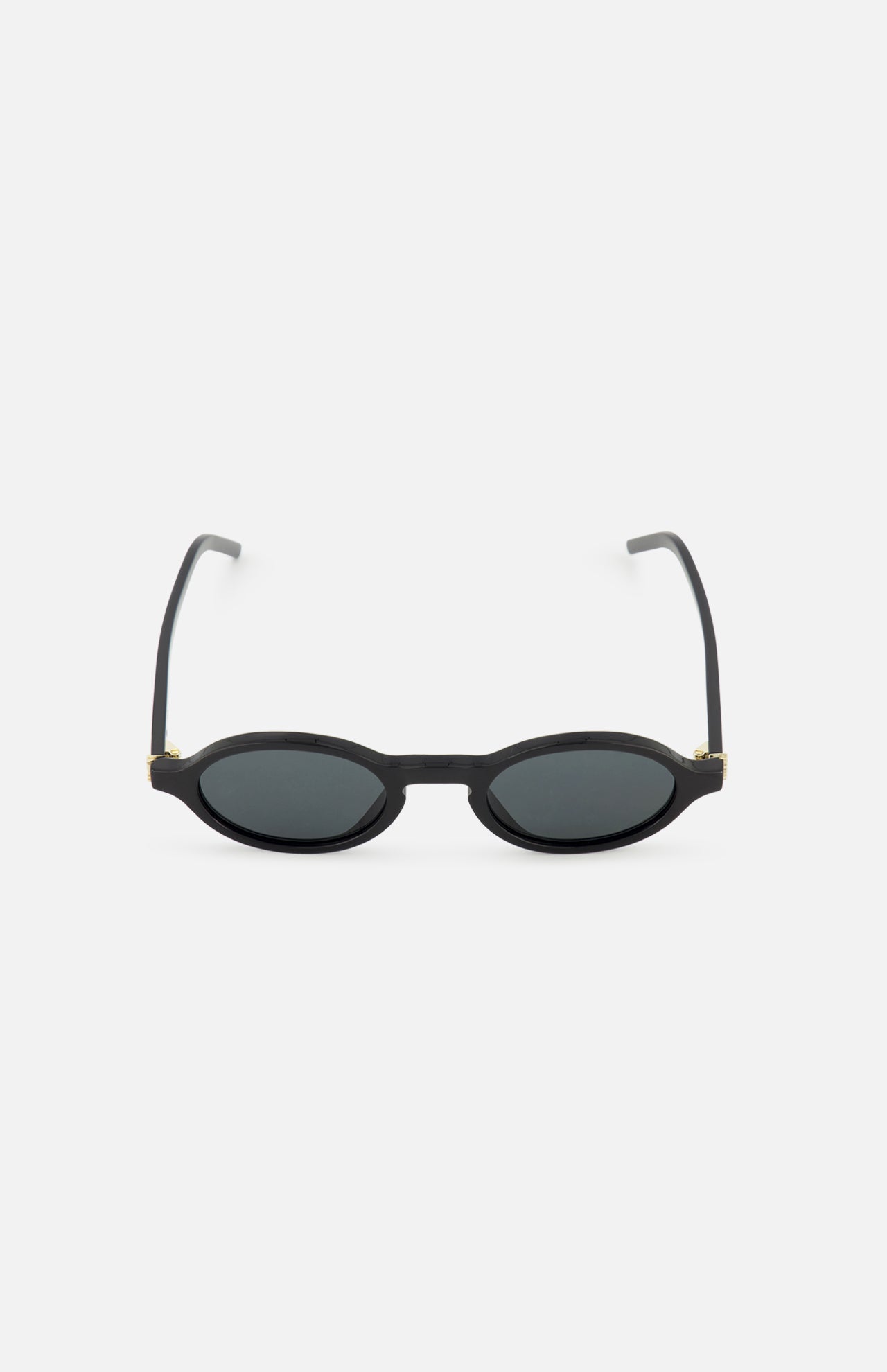 YSL Round Black Sunglasses by YVES SAINT LAURENT shown on a plain white background, featuring dark lenses, thin arms, and a minimalist round design.