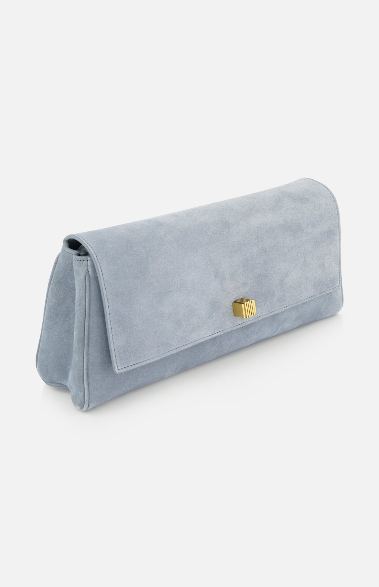The KHAITE Audrey Art Deco Suede Clutch features soft pale blue suede, a rectangular silhouette, a fold-over flap, and gold-tone Art Deco hardware—perfect as an elegant cocktail party accessory.