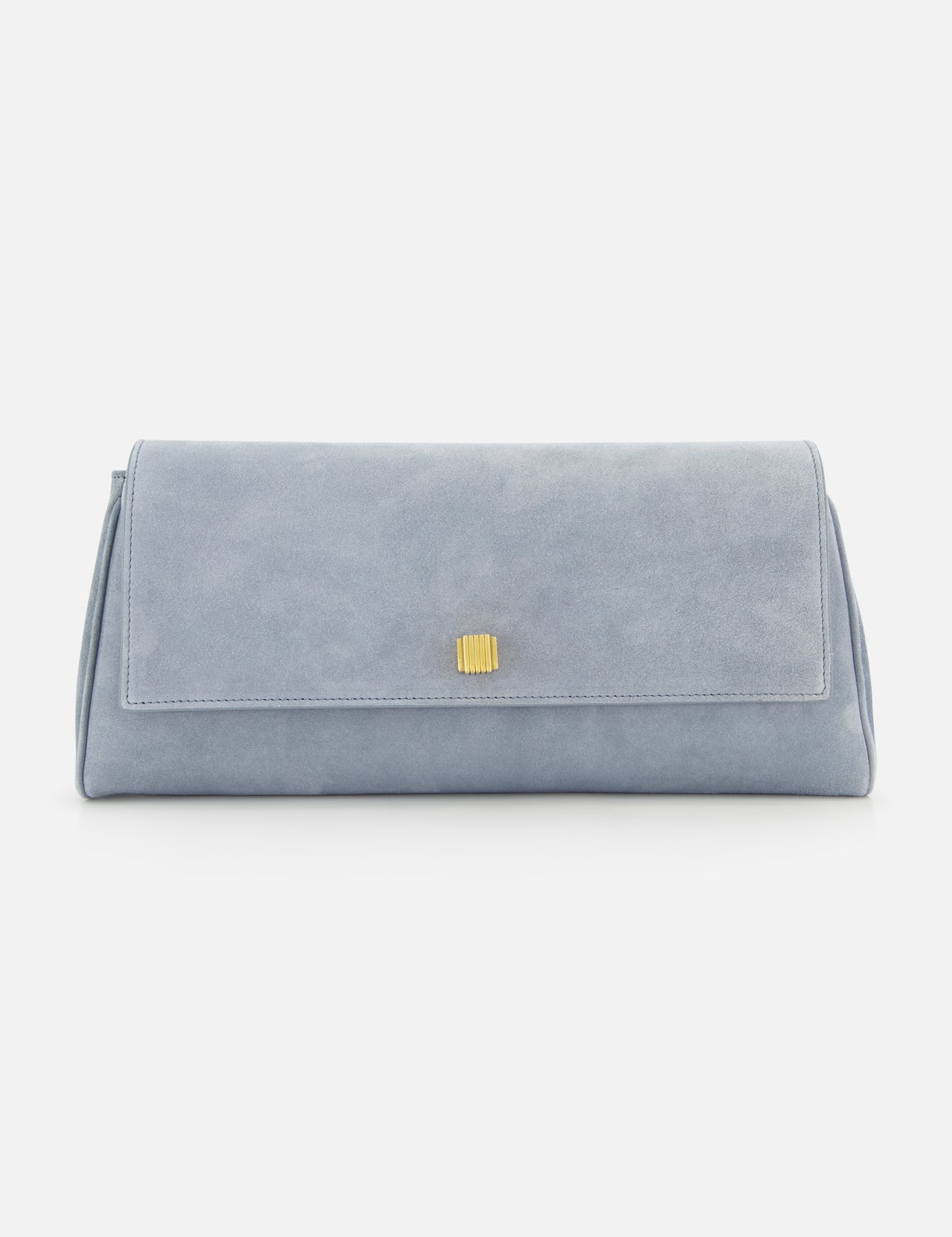 The KHAITE Audrey Art Deco Suede Clutch features pale blue suede in a rectangular shape with Art Deco-inspired front hardware—an ideal cocktail party accessory, shown against a plain white background.