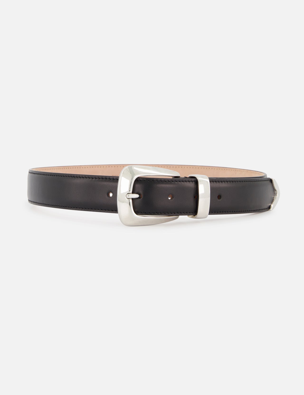 The KHAITE Benny Leather Belt (30MM) is a designer black leather belt with a silver rectangular buckle, made in Italy and shown on a white background.