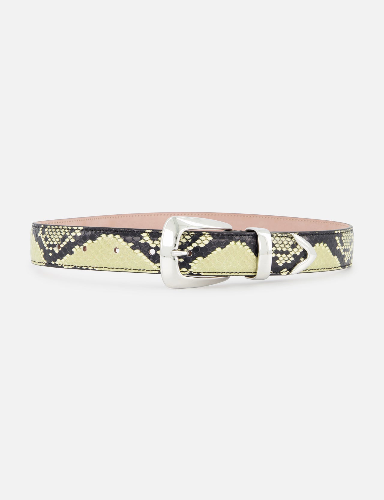 The KHAITE Python Benny Belt (30MM) features yellow and black python-embossed leather and a silver buckle, shown against a plain white background.