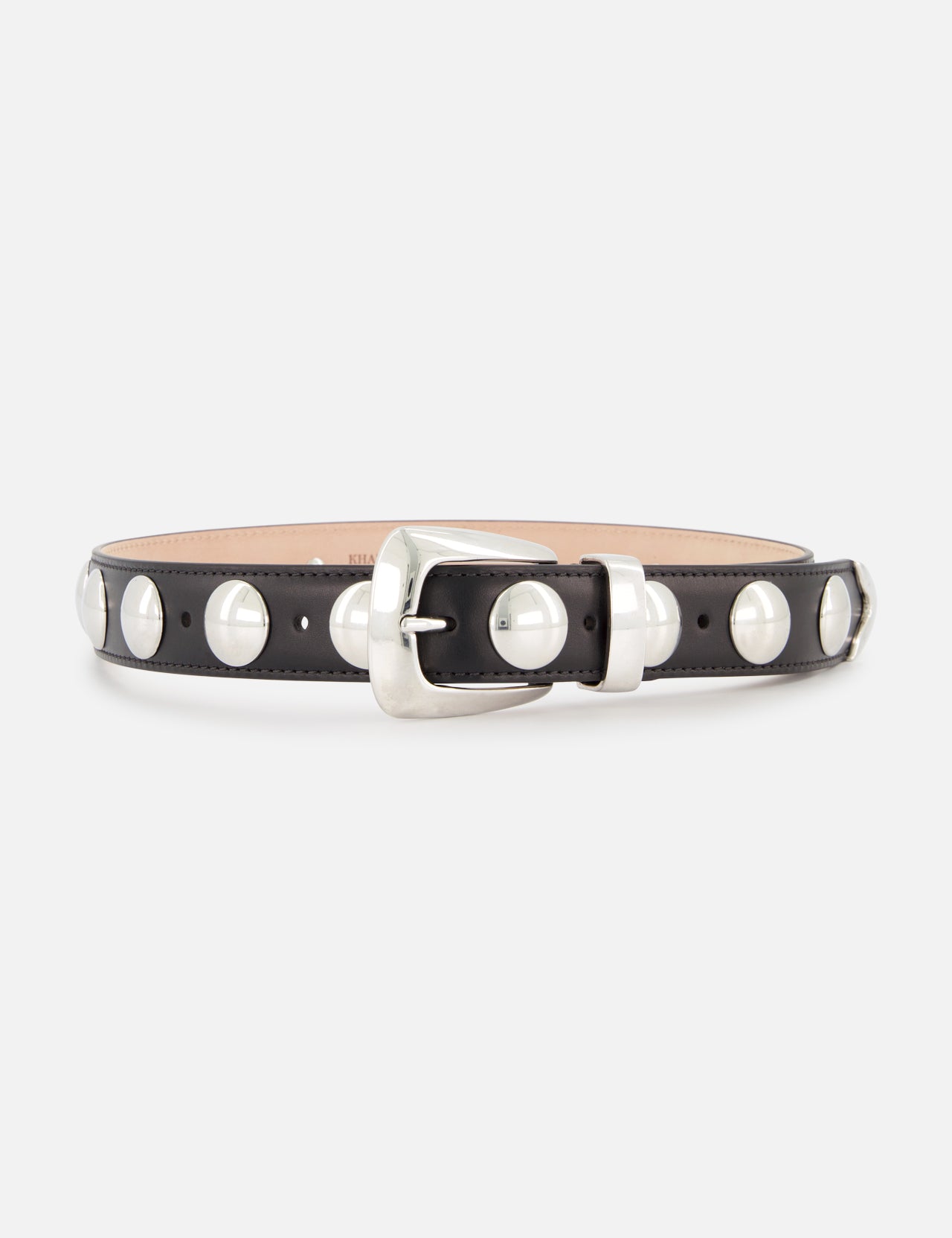 The KHAITE Benny Belt With Studs (30MM) is a black Italian leather belt featuring large round silver studs and a wide silver buckle, shown against a plain light gray background.