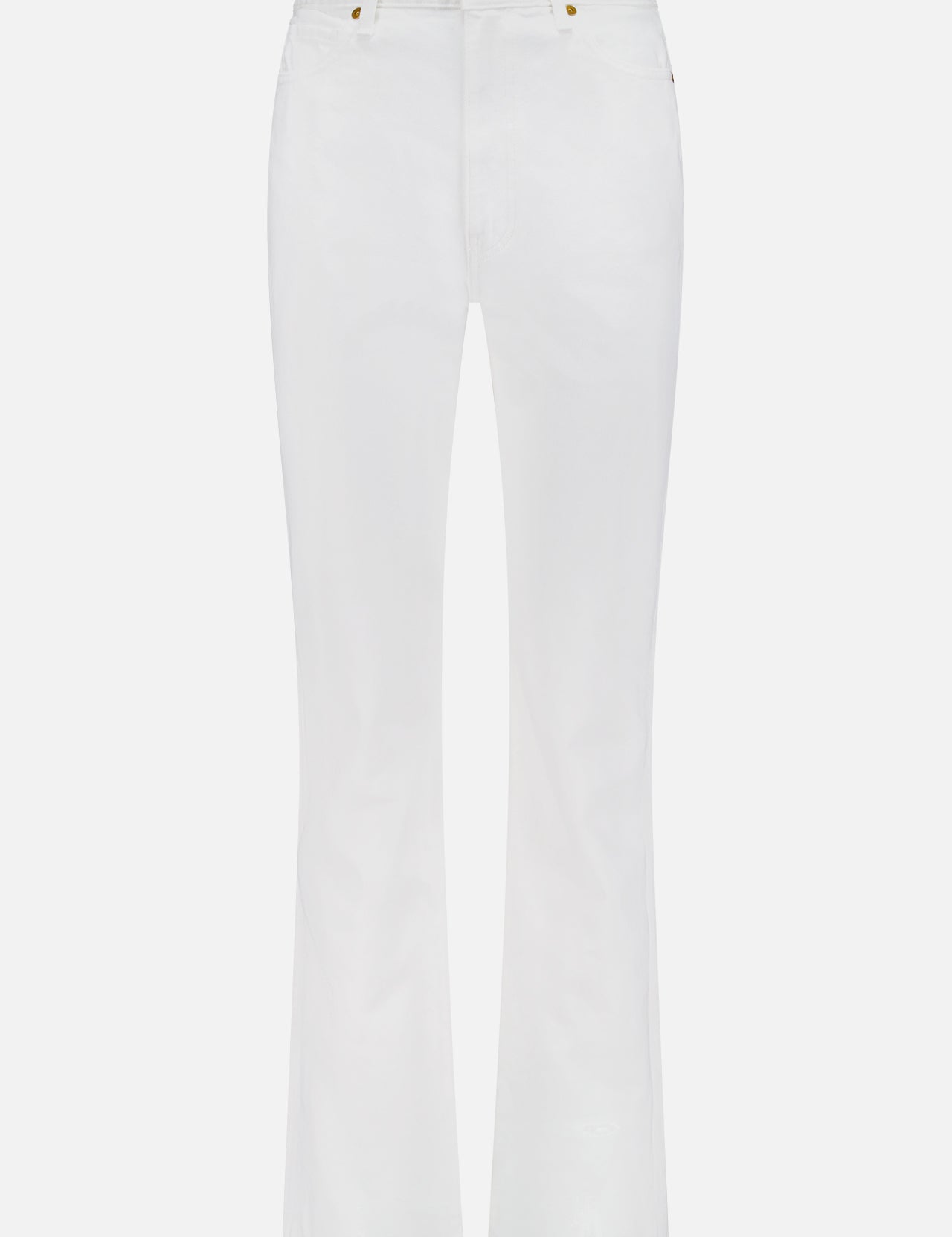 The KHAITE Danielle Slim Straight Jean is a high-rise white jean with slim-straight legs, button and zip closure, front and back pockets, and belt loops, shown against a plain white background.
