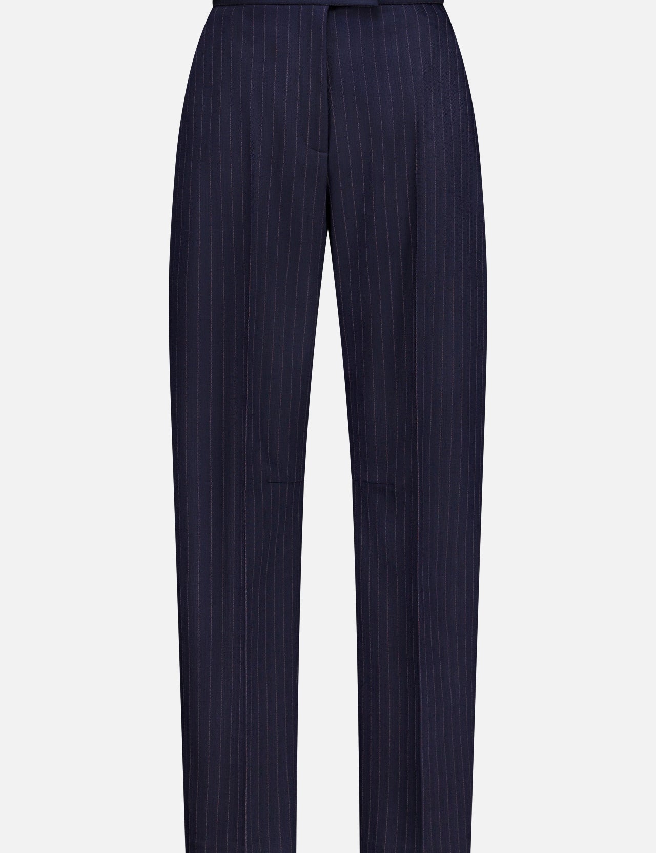 The KHAITE Jude Striped Wool-blend Pant features thin white pinstripes on navy, a button waist closure, and straight legs—ideal for a minimalist, classic look. Shown against a plain white background.