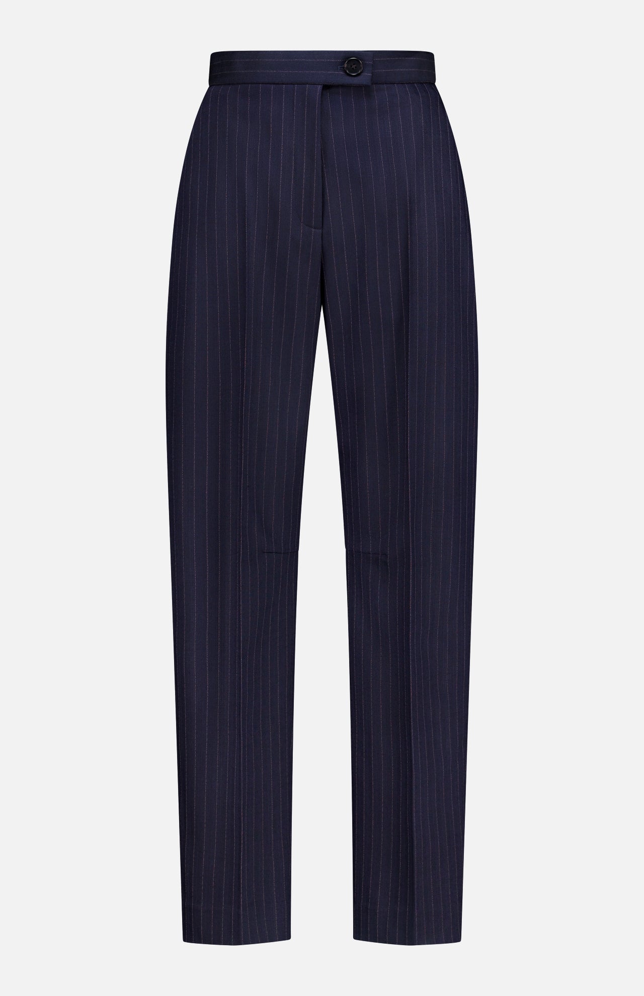 The KHAITE Jude Striped Wool-blend Pant features thin white pinstripes on navy, a button waist closure, and straight legs—ideal for a minimalist, classic look. Shown against a plain white background.