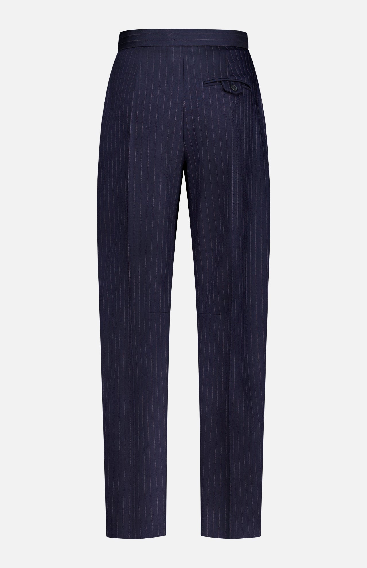 The KHAITE Jude Striped Wool-blend Pant features a navy pinstripe, tailored fit, flat front, and a single right buttoned pocket—ideal for minimalist wardrobes with timeless style.